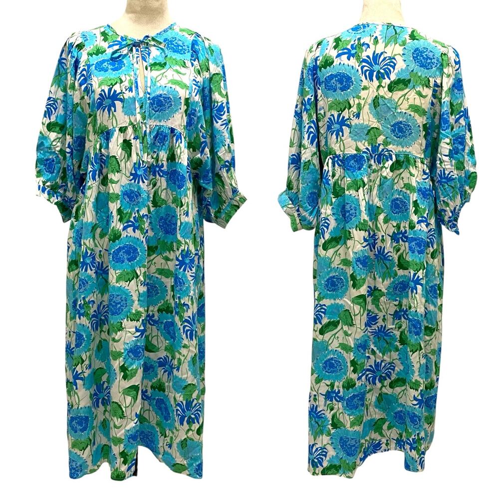 Women's Size Medium Blue Floral Loose Casual Mid-Sleeve Rayon Summer Midi Dress